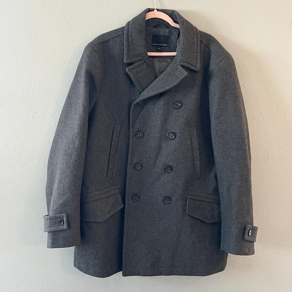 Banana Republic Men XL Gray Wool Blend Double Breasted Peacoat Jacket